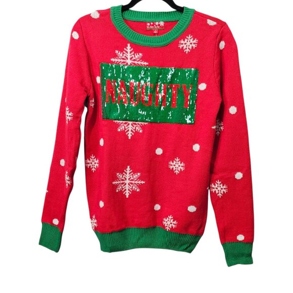 To Be Jolly New Naughty Nice Reversible Sequin Ugly Knit Red Christmas Sweater - Picture 6 of 11